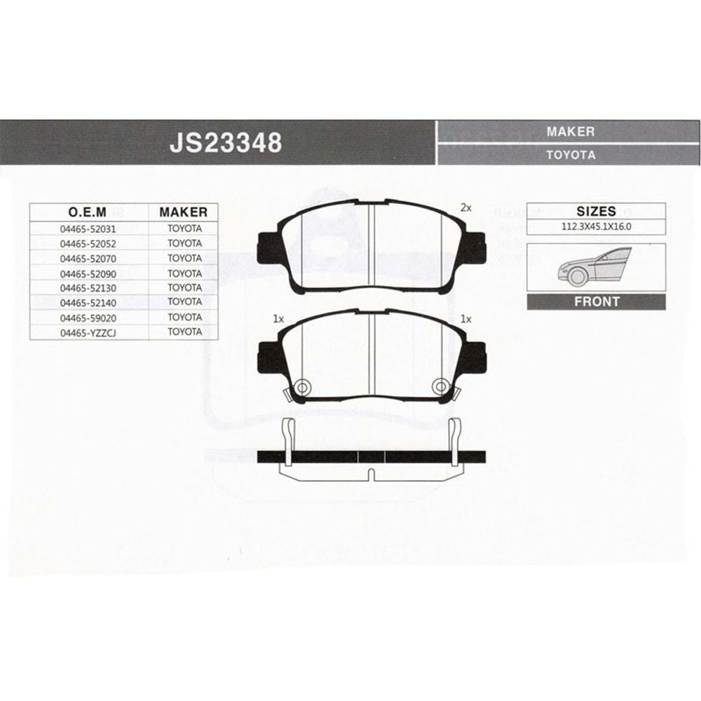 BALATA ÖN FREN YARİS 00-06 (1.0/1.3/1.4-DİSKLİ-112,4X41,5X16)